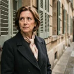 Femme d'âge mûr au regard mélancolique devant un immeuble parisien vintage évoquant l'histoire de Marcelle Dupont fille d'Édith Piaf