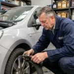 Mécanicien en uniforme inspectant le pneu d'une voiture dans un garage professionnel bien rangé