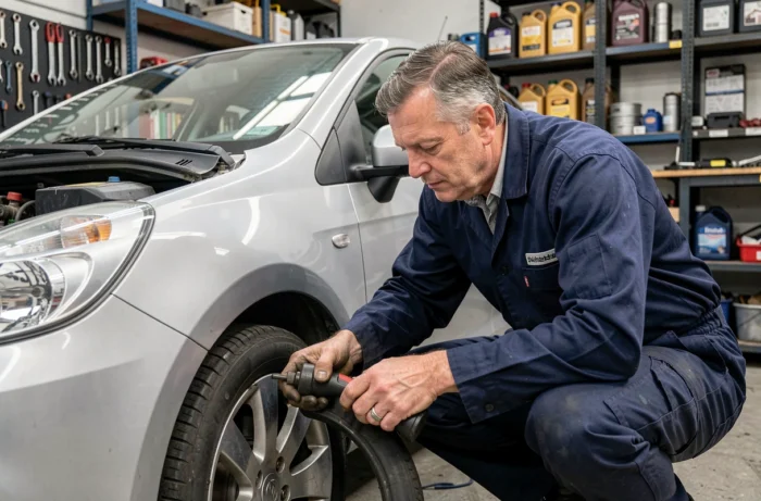 Mécanicien en uniforme inspectant le pneu d'une voiture dans un garage professionnel bien rangé