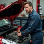 Mécanicien inspectant le moteur d'une Renault Clio 4 dans un garage automobile professionnel