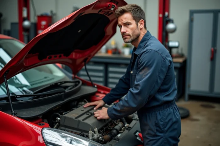 Mécanicien inspectant le moteur d'une Renault Clio 4 dans un garage automobile professionnel