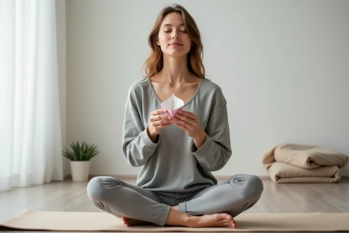 Jeune femme pratiquant un exercice de respiration guidé par une cocotte en papier pastel sur un tapis de yoga