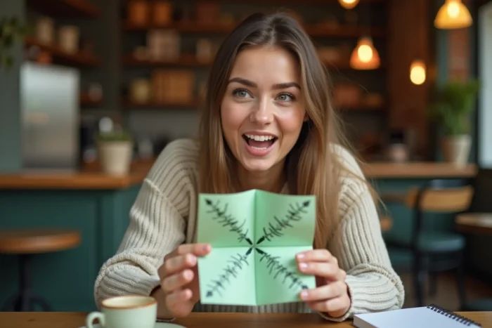 Jeune femme amusée qui consulte les prédictions loufoques d'un mini-oracle en cocotte en papier dans un café