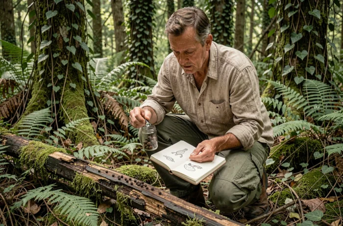 Naturaliste en forêt examinant des crottes de salamandre sur un tronc en décomposition à l'aide d'une loupe, avec un carnet de terrain et un flacon de prélèvement