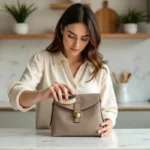 Femme nettoyant délicatement un sac en daim taupe avec une brosse douce sur un plan de travail en marbre blanc