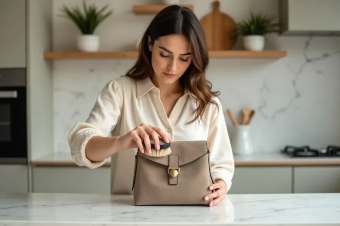 Femme nettoyant délicatement un sac en daim taupe avec une brosse douce sur un plan de travail en marbre blanc