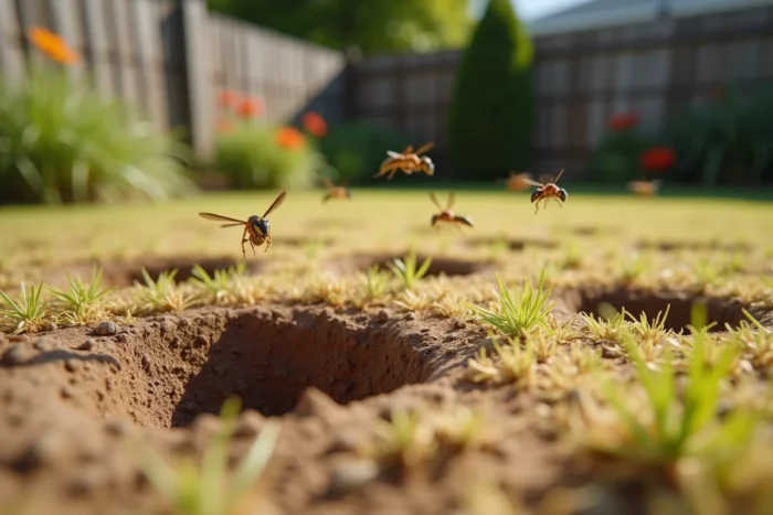 Vue au sol d'un jardin montrant plusieurs entrées de nids de guepes de terre dans un gazon sec avec des insectes en vol
