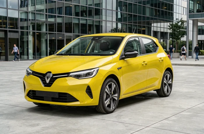 Nouvelle Renault 5 E-Tech électrique jaune vif garée en milieu urbain moderne, design contemporain inspiré du modèle original