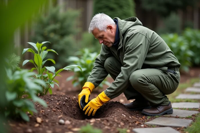 Personne équipée de gants de protection observant prudemment un nid de guepes de terre dans un parterre de jardin