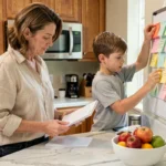 Mère et fils organisant le planning familial hebdomadaire dans une cuisine moderne avec calendrier mural et post-its colorés