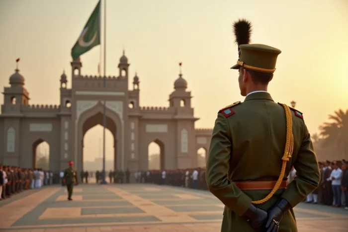 Un soldat de l'armée pakistanaise en grande tenue lors de la cérémonie de descente du drapeau au poste-frontière de Wagah près de Lahore