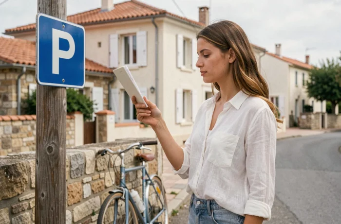 Jeune femme lisant un panneau de stationnement gratuit dans une rue résidentielle d'Arcachon