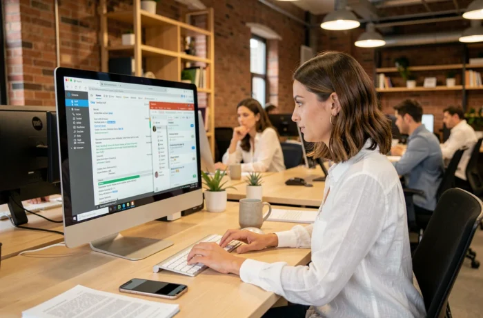 Femme consultant les paramètres IMAP de Gmail sur un grand écran dans un espace de coworking