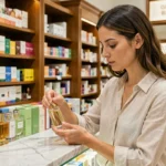 Femme examinant un flacon de parfum dans une pharmacie espagnole avec des étagères de produits en arrière-plan