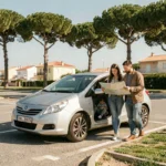 Famille garée dans un parking gratuit à Arcachon près des pins avec une carte routière en main