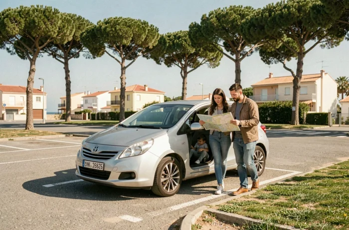 Famille garée dans un parking gratuit à Arcachon près des pins avec une carte routière en main