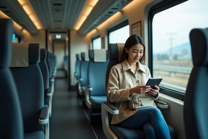 Passagère dans un train à grande vitesse moderne regardant une tablette près du hublot panoramique