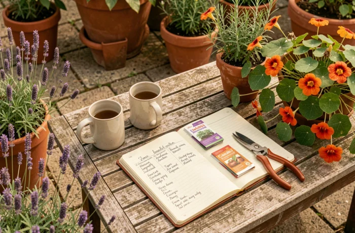 Carnet de planification jardin avec sachets de graines et cisailles sur une table en bois en terrasse