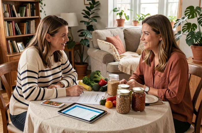 Deux femmes planifiant la préparation des repas de la semaine ensemble autour d'une table avec légumes frais et liste de courses