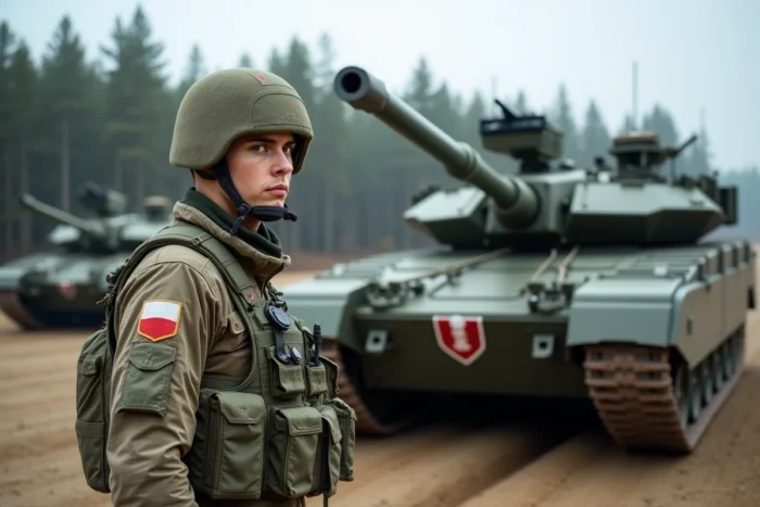 Un soldat de l'armée polonaise en uniforme OTAN aux côtés d'un char M1A2 Abrams lors d'un exercice dans l'est de la Pologne