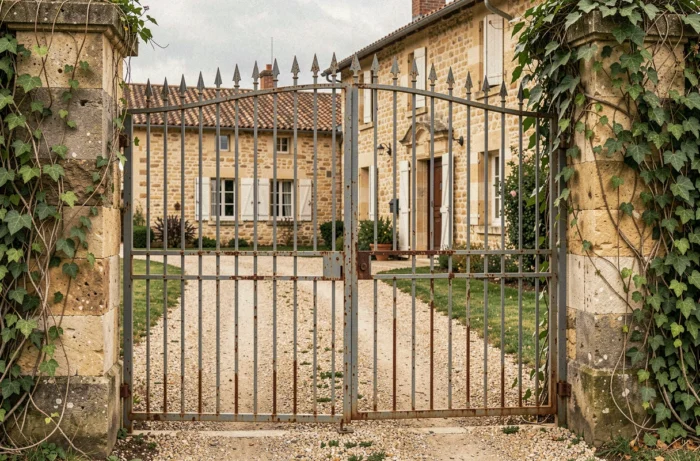 Portail coulissant en fer forgé avec portillon intégré devant une propriété de style campagne française avec allée en gravier