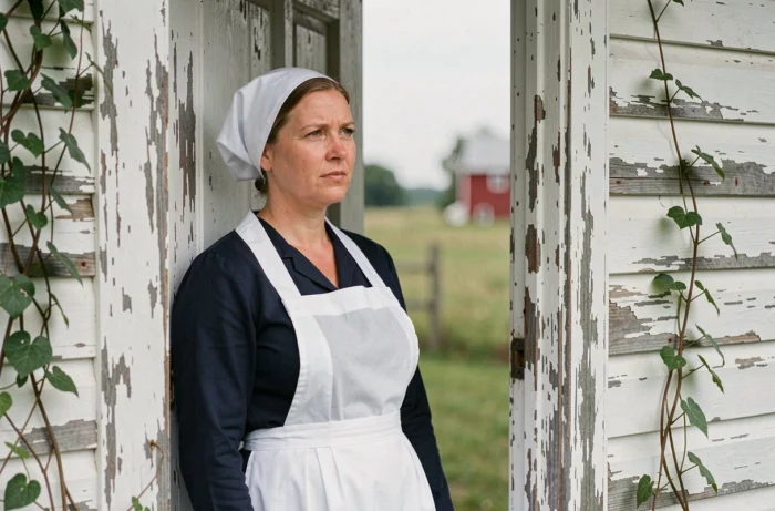 Portrait d'une femme Amish en tenue traditionnelle dans l'embrasure d'une ferme ancienne, regard pensif évoquant la vie et les traditions de la communauté Amish