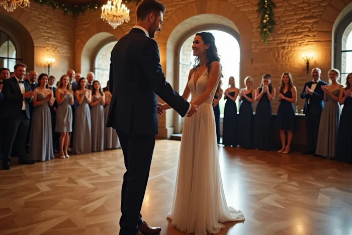Couple de mariés dansant leur première danse avec la DJ en arrière-plan dans une ferme en pierre décorée pour un mariage