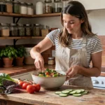 Femme préparant une salade bio colorée dans une cuisine rustique avec des légumes frais sur un plan de travail en bois