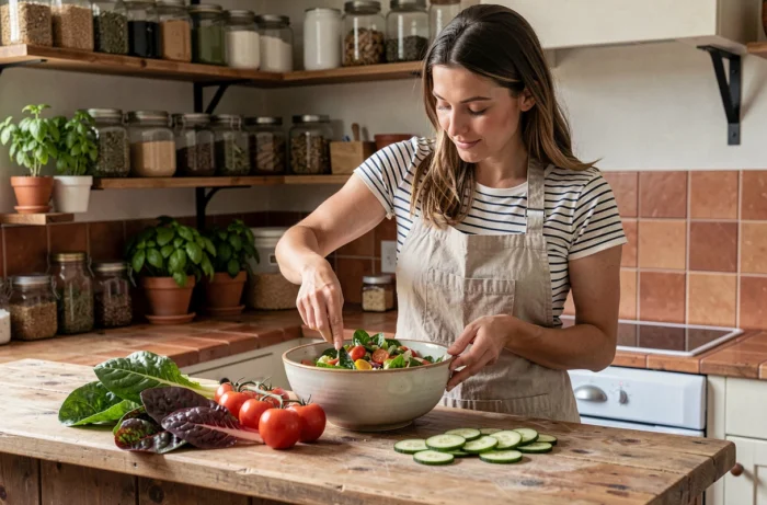 Femme préparant une salade bio colorée dans une cuisine rustique avec des légumes frais sur un plan de travail en bois