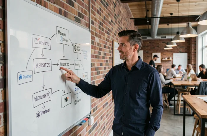 Homme présentant l'architecture d'un site web et ses partenaires sur un tableau blanc dans un espace de co-working