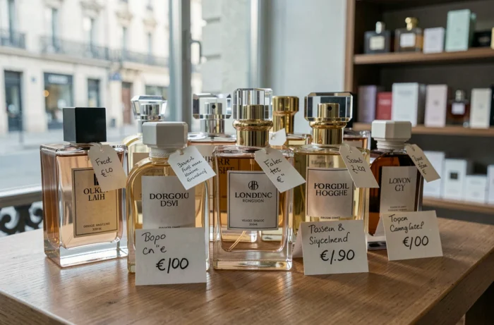 Alignement de flacons de parfums de luxe avec étiquettes de prix en euros dans une boutique européenne