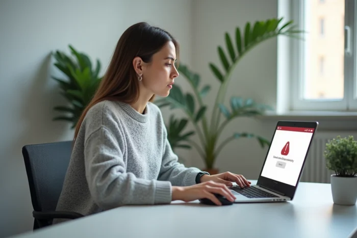 Femme frustrée devant un problème de connexion à son espace client en ligne sur un ordinateur portable