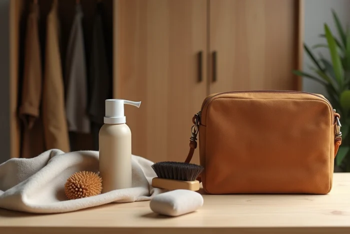 Produits d'entretien pour sac en daim disposés en flat lay sur une surface en bois clair, incluant spray protecteur, gomme et brosse