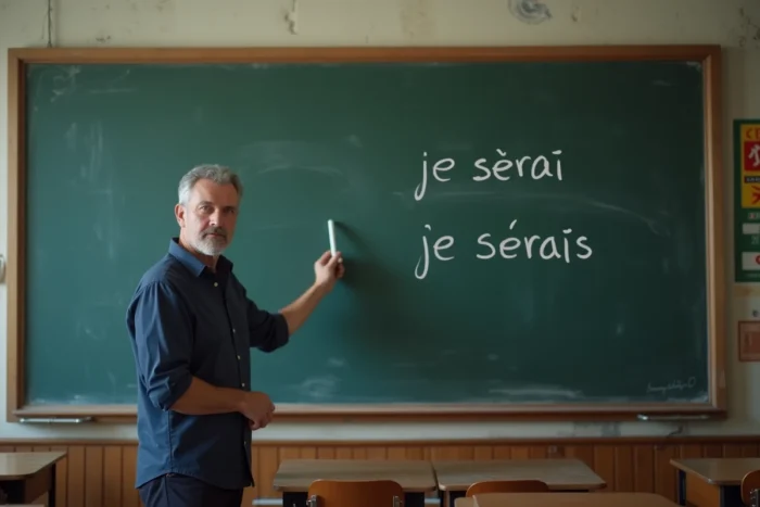Professeur de français montrant au tableau la différence entre je serai et je serais dans une salle de classe