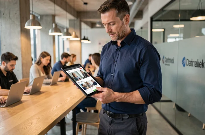 Professionnel consultant les nouvelles tendances et actualités d'un blog web depuis un espace de coworking moderne