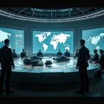 Vue panoramique d'un centre de commandement stratégique mondial symbolisant les grandes puissances militaires en 2026