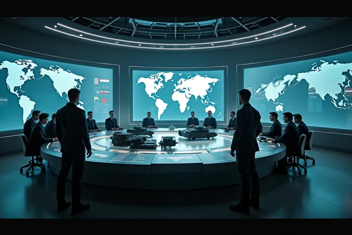 Vue panoramique d'un centre de commandement stratégique mondial symbolisant les grandes puissances militaires en 2026