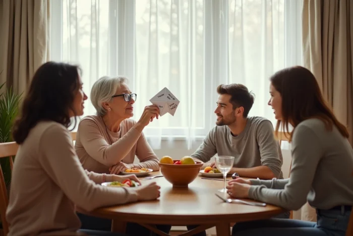Famille multigénérationnelle autour d'un repas découvrant des questions d'introspection dans une cocotte en papier faite main