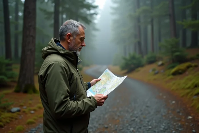 Randonneur masculin consultant une carte sur un sentier forestier, activité plein air et loisirs nature 2024