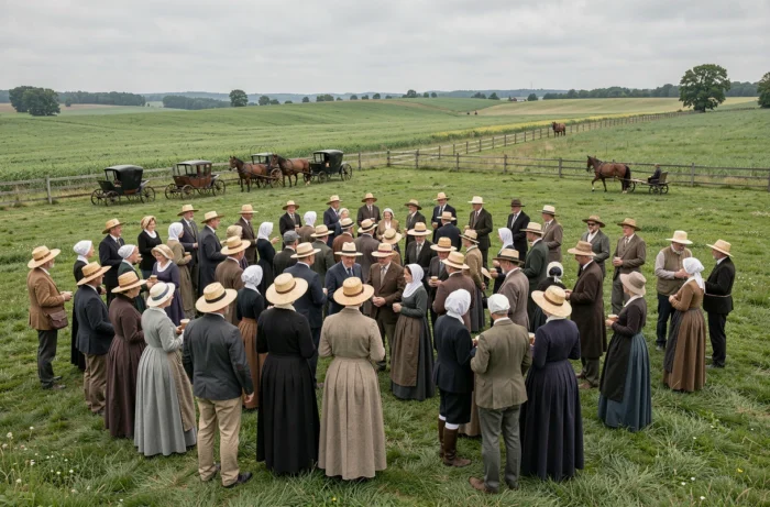 Rassemblement communautaire Amish dans un pré verdoyant avec des calèches tirées par des chevaux, représentant la vie collective et religieuse de la communauté