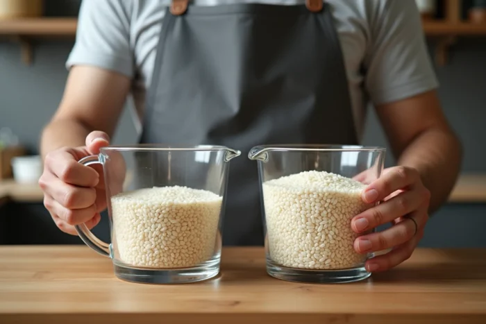 Mesure précise d'un volume de riz et d'un volume et demi d'eau dans des tasses graduées transparentes