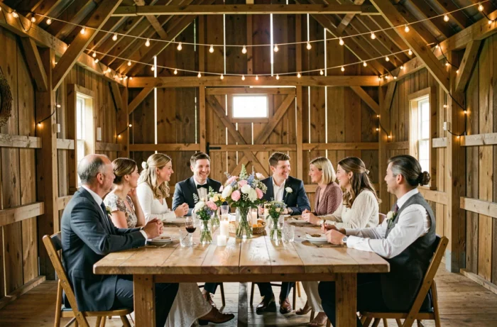 Réception de mariage intime dans une grange rustique avec un jeune couple et leur famille
