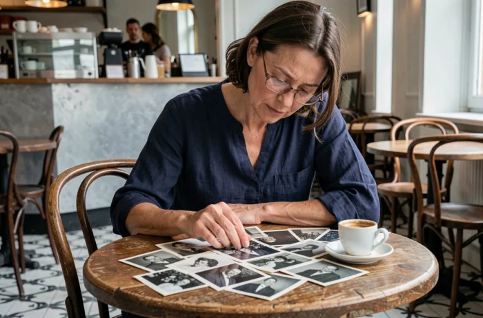 Femme consultant de vieilles photographies dans un café parisien traditionnel illustrant la recherche historique autour de Marcelle Dupont et d'Édith Piaf