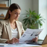 Femme consultant des annonces immobilières sur un ordinateur portable dans un bureau à domicile pour trouver une location idéale