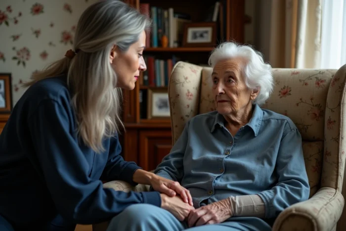 Femme d'âge mûr tenant les mains de sa mère âgée dans un salon familial, symbolisant la réconciliation et le dialogue intergénérationnel