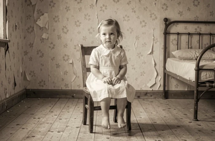 Reconstitution photographique d'une petite fille seule dans un intérieur modeste du début du XXe siècle symbolisant le destin méconnu de Marcelle Dupont