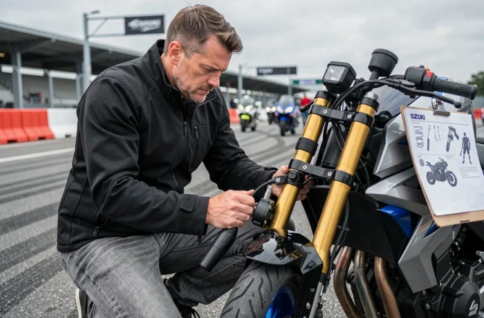 Motard réglant la fourche avant d'une Suzuki GSX 600 R dans le paddock d'un circuit moto