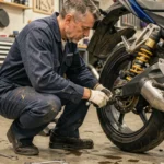 Mécanicien ajustant la suspension arrière d'une Suzuki GSX 600 R dans un atelier moto réaliste