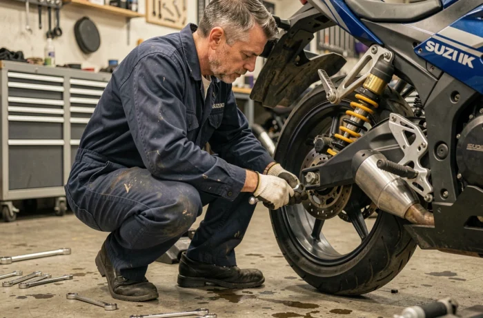 Mécanicien ajustant la suspension arrière d'une Suzuki GSX 600 R dans un atelier moto réaliste