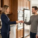 Agent immobilier remettant les clés d'une maison à un couple dans une cuisine équipée avec électroménager intégré lors d'une vente immobilière